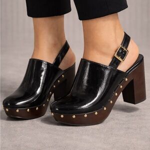 Patent Black Platform Slingback Clogs with Stud Accents